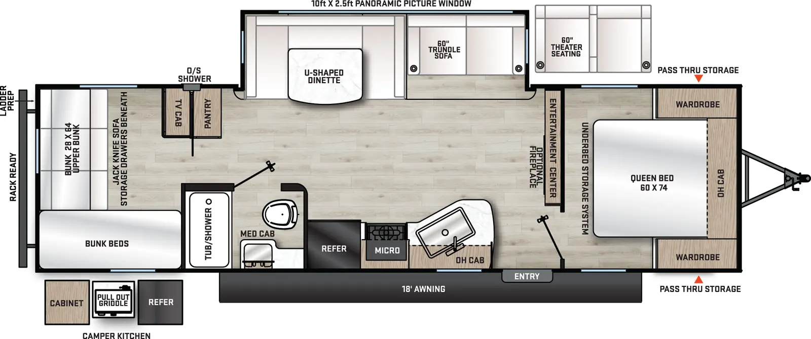 The Catalina Legacy Edition 293QBCK floorplan has one entry and one slide out. Exterior features include: metal exterior, 18' awning and outside kitchen. Interiors features include: bunk beds, u-dinette and front bedroom.